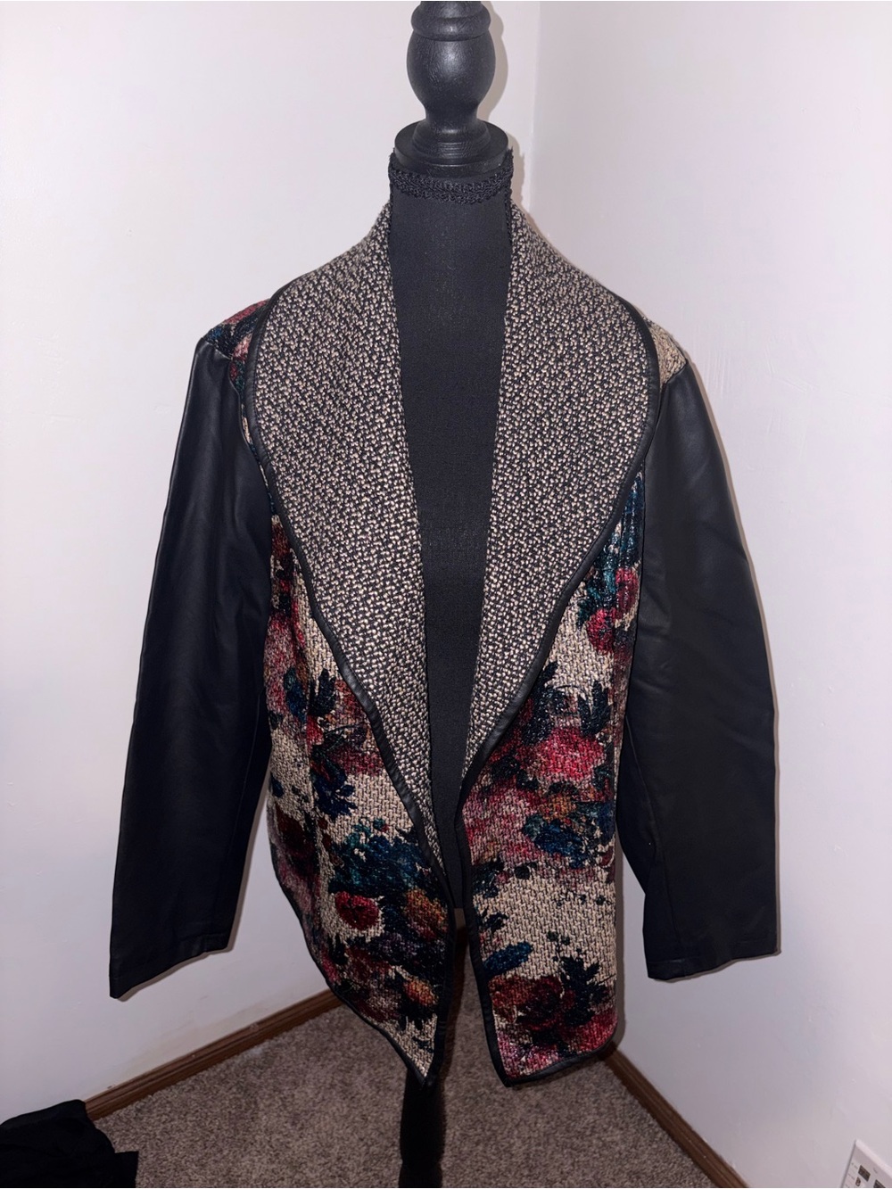 CJ Banks Mixed-Media Open Front Jacket in Black and Multicolor Floral